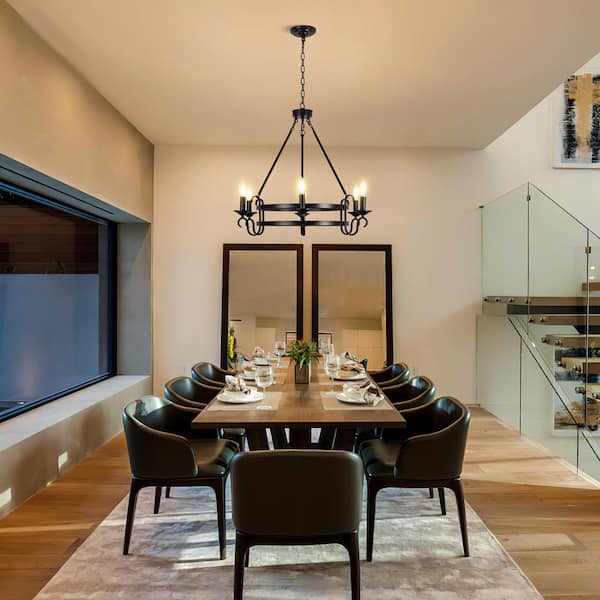 6-Light Black Vintage Candle Style Wagon Wheel Chandelier for Dining Room Kitchen Island with No Bulb Included