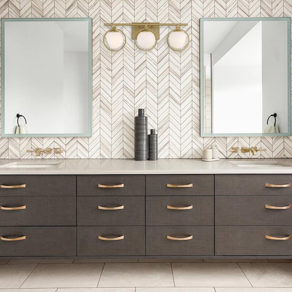 Teatro 23.75 in. 3-Light Brushed Gold Modern Vanity Light with Etched Opal Glass Shades and Accent Rings