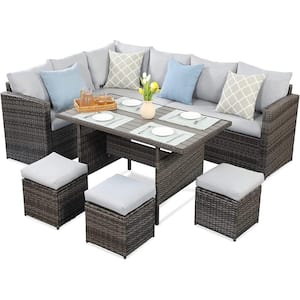 7-Piece PE Rattan Wicker Outdoor Sectional Sofa Set with Gray Cushions and Dining Table
