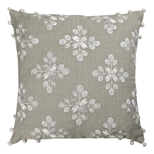 LR Home Odyssey Hand-Woven Beige/Ivory Floral Linen 20 in. x 20 in. Throw Pillow