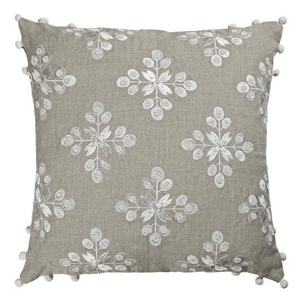 Unbranded Odyssey Hand-Woven Beige/Ivory Floral Linen 20 in. x 20 in. Indoor Throw Pillow