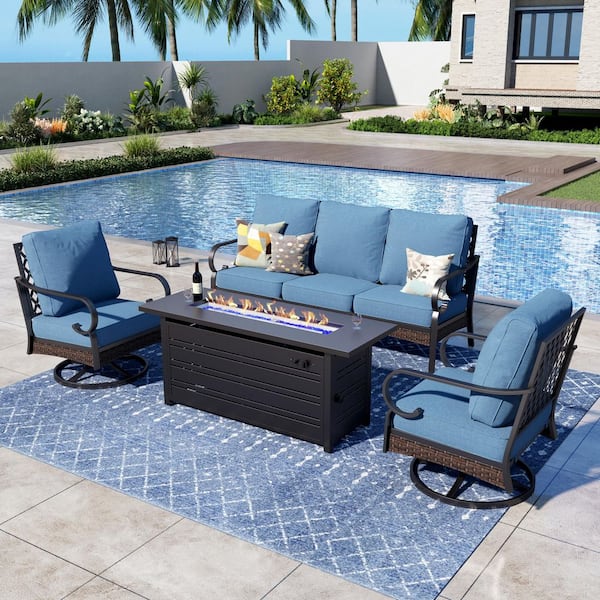 PHI VILLA 4-Piece Black Metal Outdoor Patio Conversation Set with Swivel Chairs, 50000 BTU Fire Pit Table and Denim Blue Cushions