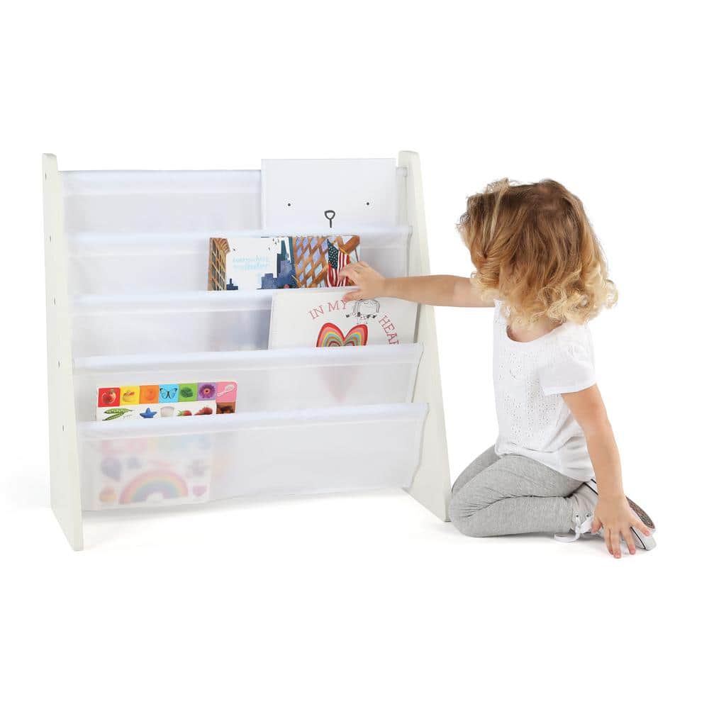 White 4-Tier Kids Book Rack with Fabric Pockets