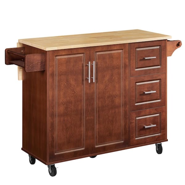 FAMYYT Rolling Brown Drop Leaf Wood Tabletop 54 in. Kitchen Island with Drawers