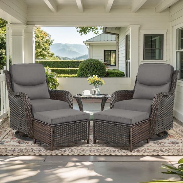 Crescent Brown 5-Piece Wicker Swivel Rocker Patio Conversation Set with 5 in. Thick Gray Cushions and Ottomans