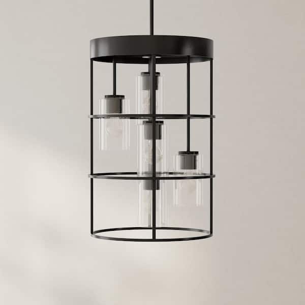 Burgess Collection 15-1/2 in. 5-Light Matte Black Modern Farmhouse Hall Foyer Light with Clear Seeded Glass Shades