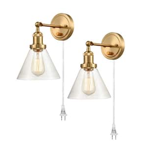 7.08 in. 2-Light Brass Modern Wall Sconce with Standard Shade