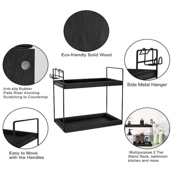 Dracelo 13 in. W x 6.7 in. D x 17.5 in. H 3 Tier Black Wood Bathroom Counter Organizer Countertop Storage Shelf