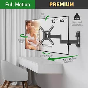 Barkan 13" to 43" Full Motion - 4 Movement Flat / Curved TV Wall Mount, Black, Patented, Touch & Tilt, UL Listed