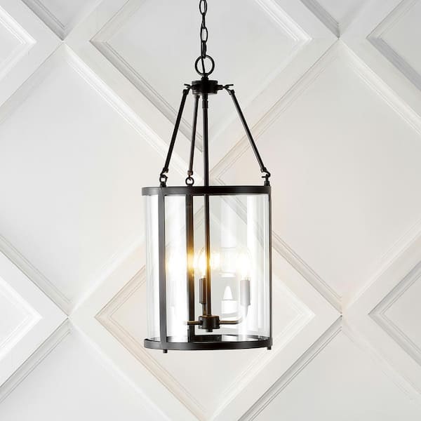 JONATHAN Y Kinsley 12 in. 3-Light Industrial Farmhouse Iron/Glass LED Pendant, Oil Rubbed Bronze/Clear