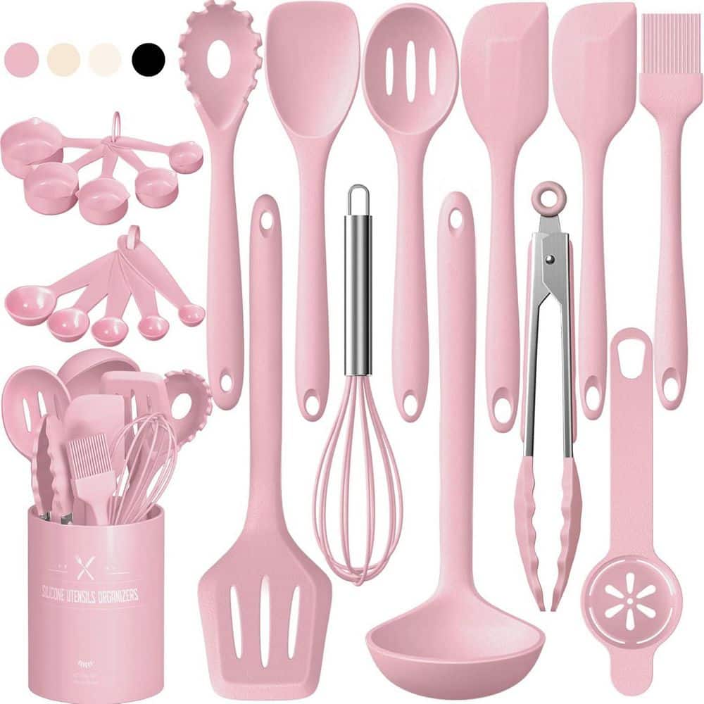 22-Piece Pink Silicone Cooking Utensils Set Heat Resistant with Holder for 