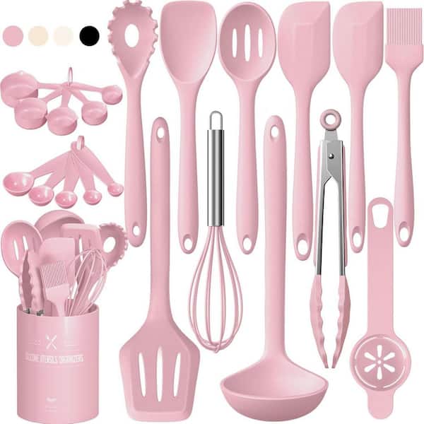 22-Piece Pink Silicone Cooking Utensils Set Heat Resistant with Holder for Nonstick Cookware Dishwasher Safe Tool