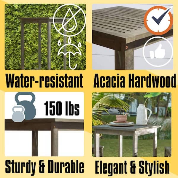 24 in. Square Grey-washed Farmhouse Acacia Wood Outdoor Dining Table Bar Table