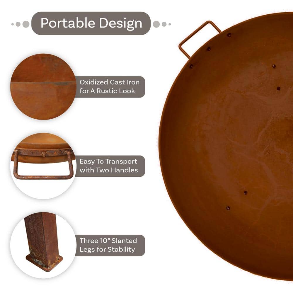 Rustic Cast Iron 34" Outdoor Wood-Burning Fire Pit Bowl with Handles
