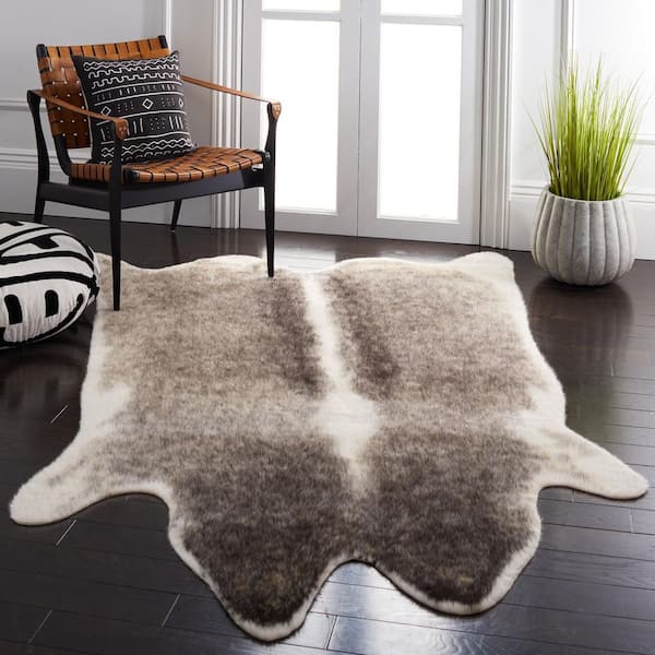 Faux Cow Hide 4 ft. x 5 ft. Gray/Ivory Flokati Marble Area Rug
