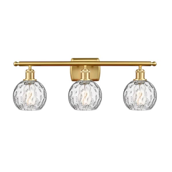 Athens Water Glass 26 in. 3-Light Satin Gold, Clear Water Glass Vanity Light with Clear Glass Shade