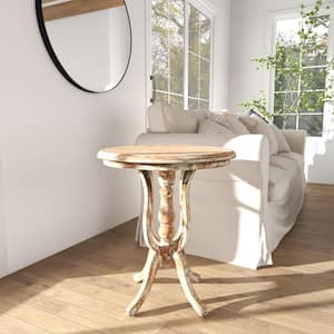 24 in. Brown Large Round Wood End Table with Distressed Accents