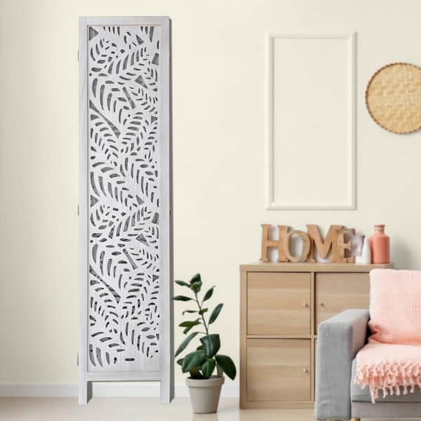 Wood Room Divider, 6 Panel Folding Privacy Screen, 66.9 in. Tall Carved Partition for Room Separation, Decoration White