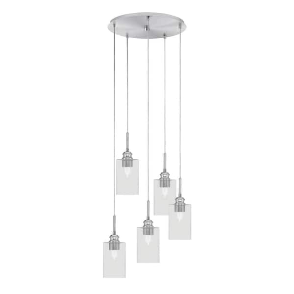 Unbranded Albany 60-Watt 17 in. 5-Light Brushed Nickel Cord Pendant Light Square Clear Bubble Glass Shade