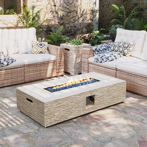 56 in. 50000BTU Outdoor Beige Rectangle Magnesium Oxide Fire Pit Table with Propane Tank Cover