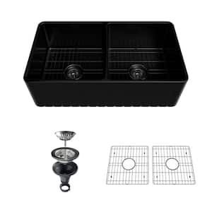 33 in. Undermount Farmhouse Double Bowl Black Fine Fireclay Double-sided Installation Kitchen Sink Whth Accessories