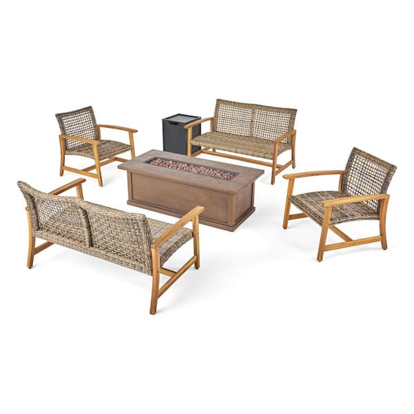 Noble House Breakwater Natural and Grey 6-Piece Wood Outdoor Patio Fire Pit Seating Set