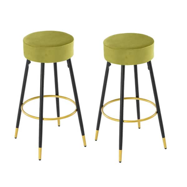 FORCLOVER 30.3 in. Bar Height Green Backless Metal Upholstered Velvet Bar Stool with Footrest (Set of 2)