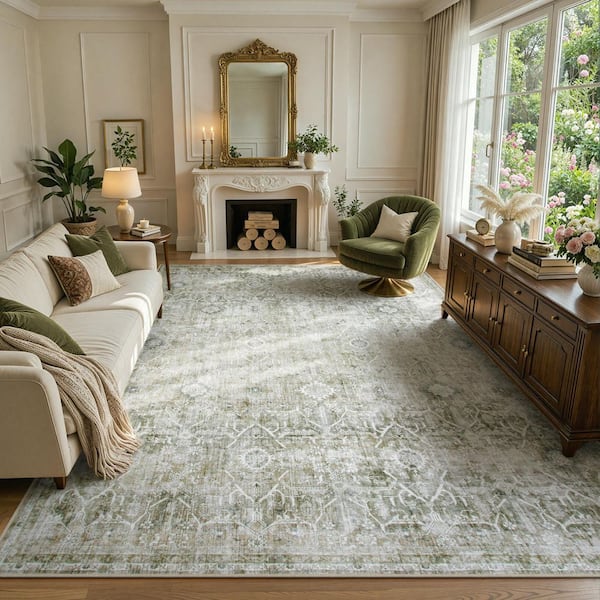 10 X 14 Light Green Vintage Floral Tribal Washable Non Slip Ultra-Thin Soft Area Rug