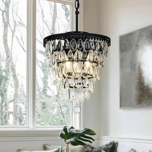 14in. 3-Lights Matte Black Glam Chandelier Pendant Ceiling Lighting with Hanging Teardrop Crystals