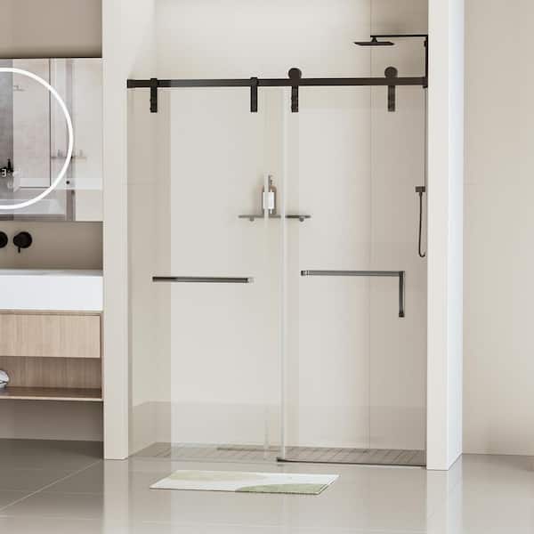 ANGELES HOME 60 in. W x 76 in. H Frameless Soft-closing Single Sliding Shower Door 5/16 in. (8 mm) Clear Tempered Glass, Matte Black