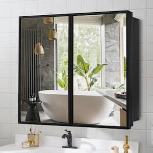 30 in. W x 26 in Farmhouse Rectangular Black Metal Recessed or Surface Bathroom Medicine Cabinet with Mirror