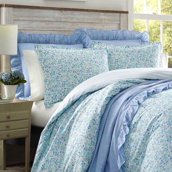 Laura Ashley Jaynie 3-Piece Blue Floral Cotton Full/Queen Duvet