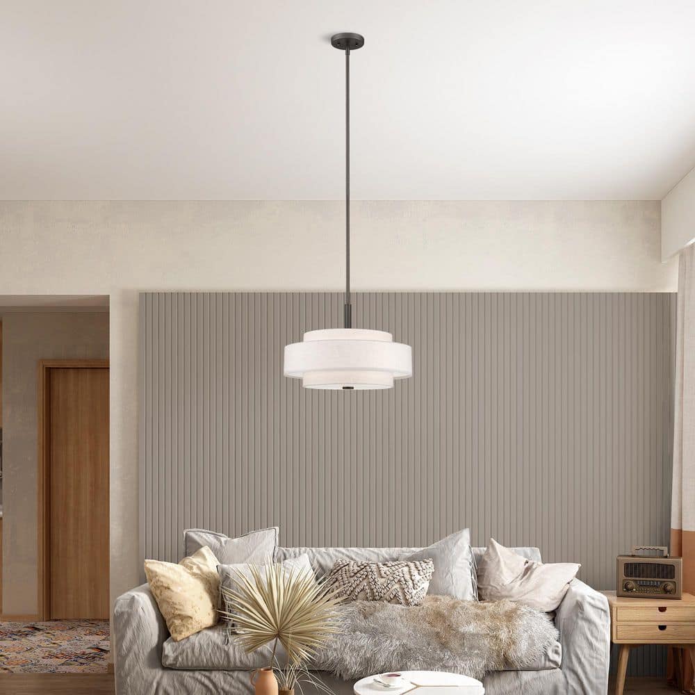 Meridian English Bronze 4-Light Indoor/Outdoor Drum Pendant with Oatmeal Shade