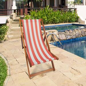 Wood Indoor and Outdoor Recliner Sling Chair in Orange and White Striped