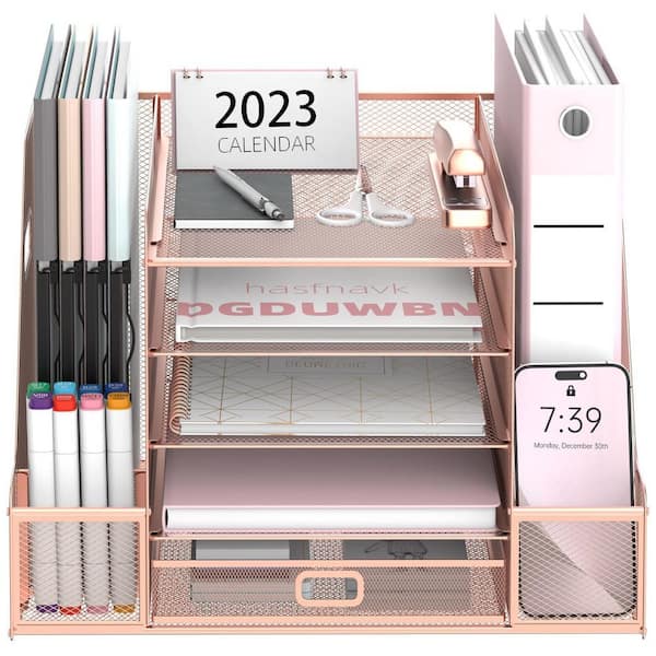 11 in. x 15.94 in. Rose Gold Mesh Desk Organizer, 5-Tier Paper Letter Tray Organizer with Magazine Holder