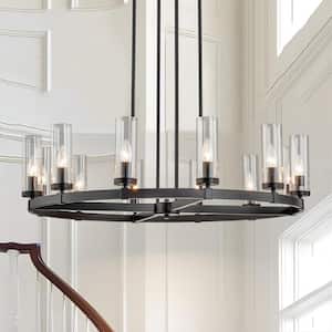 Damitri 12-Light Matte Black Industrial Vintage Wheel-Shape Chandelier with Cylindrical Candlestick Clear Glass Shade