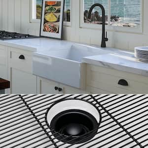 Luxury White Solid Fireclay 26 in. Single Bowl Farmhouse Apron Kitchen Sink with Matte Black Accs and Flat Front