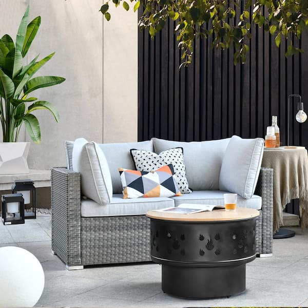 Daffodil Q Gray 3-Piece Wicker Patio Wood Burning Fire Pit Conversation Sofa Set with Light Gray Cushions
