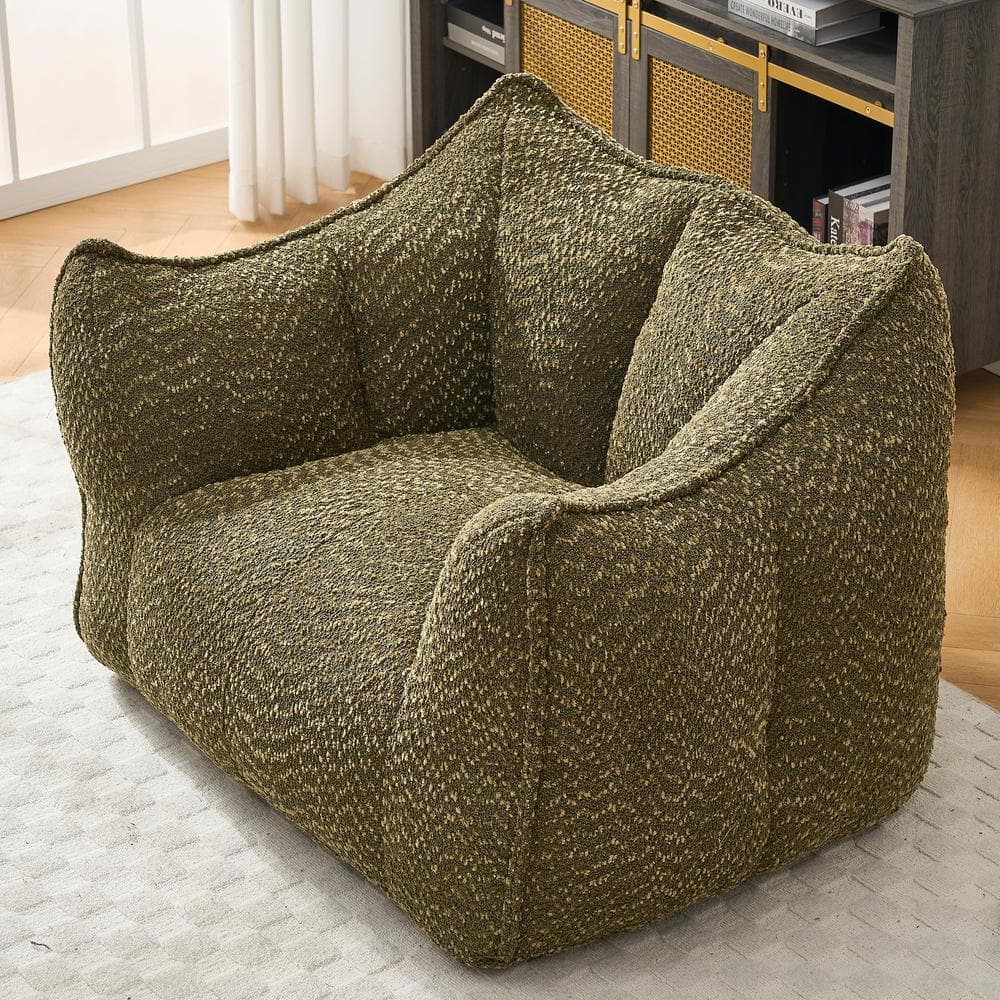 Olive Green Chenille Polyester Sofa Chair Bean Bag with Highly Resilient Foam for Living Rooms