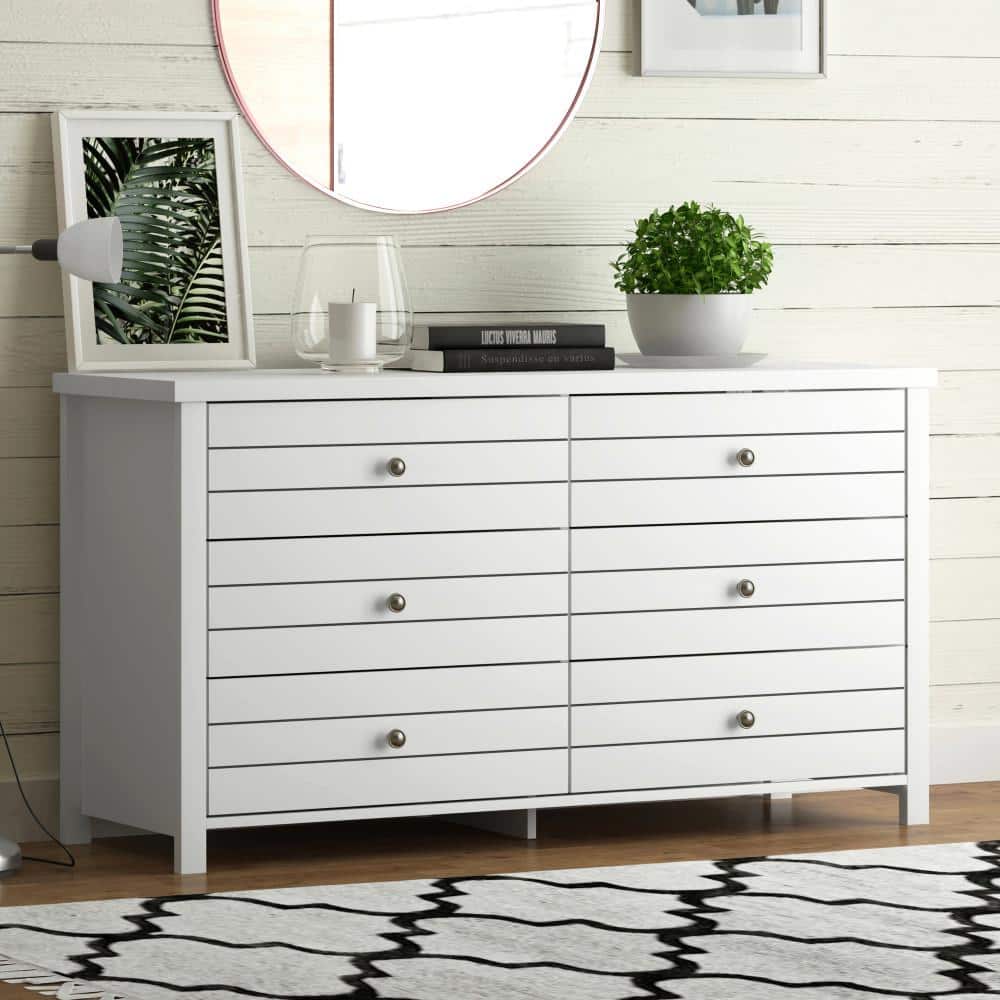 Harmony Coastal 6-Drawer Matte White Dresser with Metal Pulls