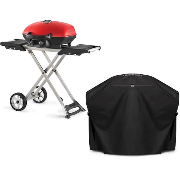 TravelQ 285X 1-Burner Portable Propane Gas Grill Scissor Cart with Bonus Griddle, in Red with Grill Cover