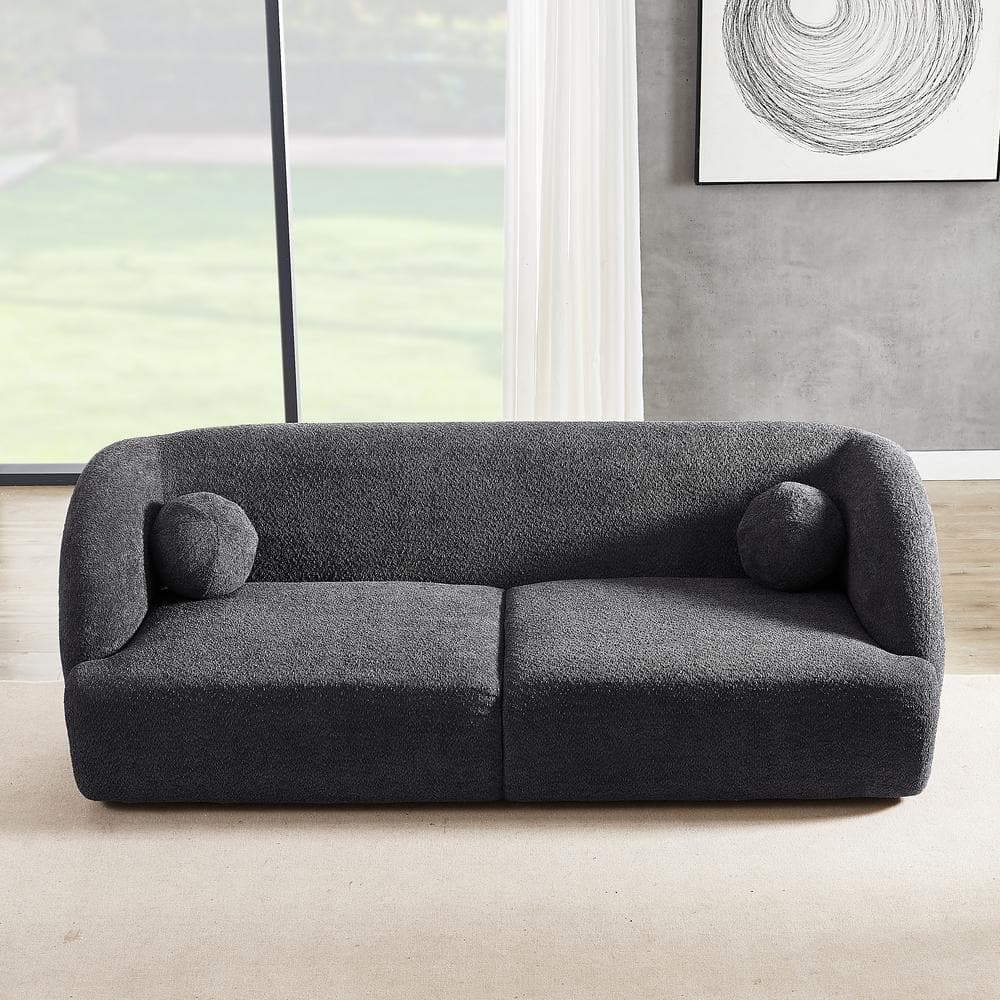 Gray Boucle Fabric Curved 3-Seat Sofa with Walnut Legs