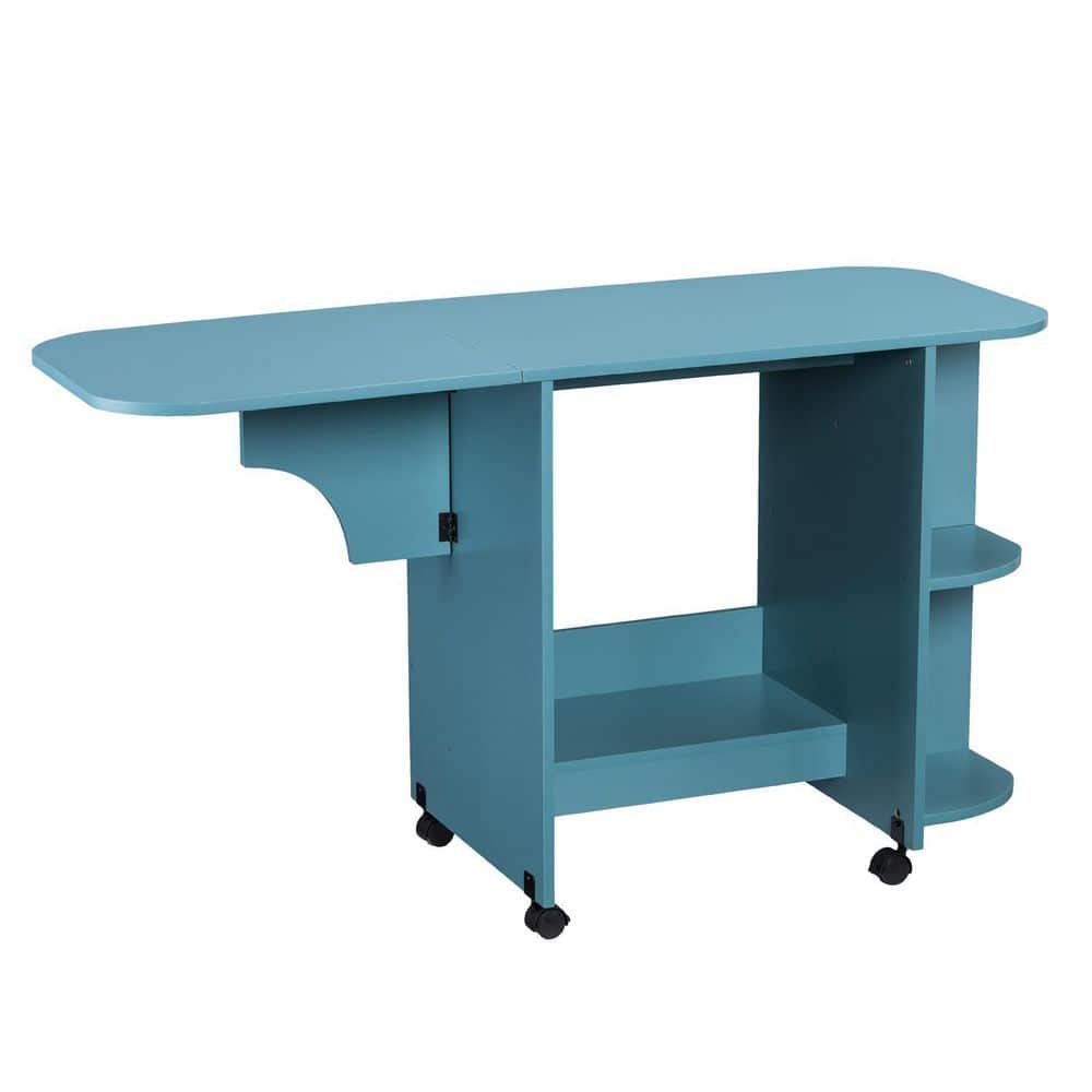 Turquoise Mobile Folding Sewing and Craft Table with Shelves