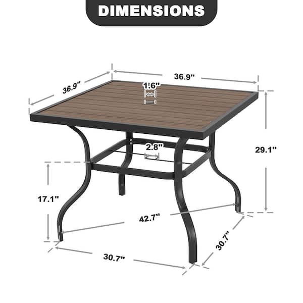 Black Square Powder-Coated Metal Outdoor 37 in. Dining Table with Umbrella Hole and Faux Wood Tabletop