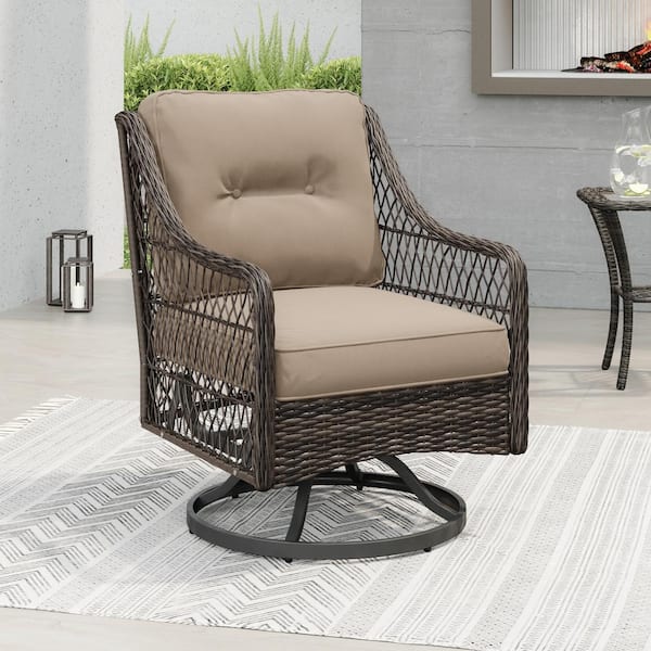 CORVUS Vasconia Outdoor Hand-Woven Resin Wicker Swivel Chair with Tan Cushions