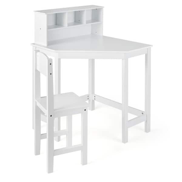 Costway 2-Piece Kids Wood Top White Corner Desk and Chair Set Wooden Study Writing Workstation with Storage and Hutch