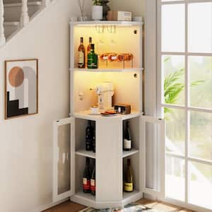White 67.1 in. H Corner Wine Bar Cabinet with LED Light, Power Outlet, Glass Holders, Wine Rack, Adjustable Shelves