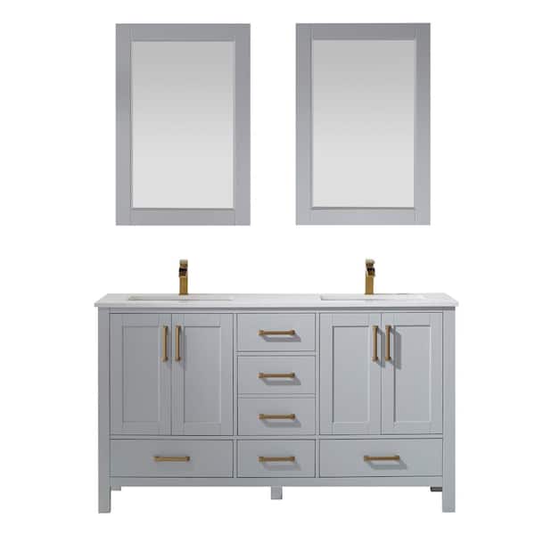 ROSWELL Shannon 60 in. Bath Vanity in Grey with Manufactured Stone Vanity Top in White with White Basins and Mirror
