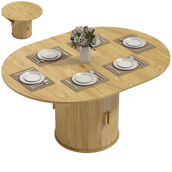 Farmhouse Extendable Dining Table natural Wood 43.3-59 in. Pedestal Base Dining Table for 6 Person
