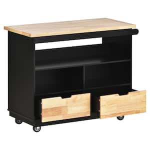 Removable Black Solid Wood 46 in. Kitchen Cart Rolling Mobile Kitchen Island Kitchen Cart With 2-Drawers Tableware
